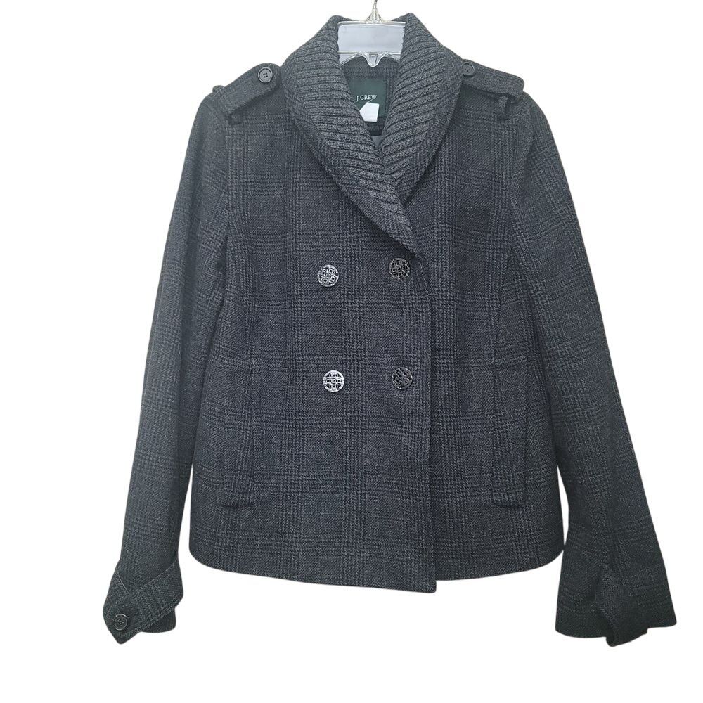 J Crew 6 Plaid Peacoat Wool Blend Shawl Collar Grayβ Academia Fisherman Preppy